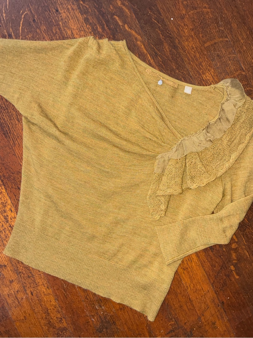 Anthropologie Knitted & Knotted Wool Ruffle-Trim V-Neck Sweater Olive Green